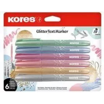 Kores Glitter Highlighter Pen Set, Chisel Tip 3-5 mm, 6 Luminous Glitter Colours, Water-Based, Quick-Drying, Smudge-Resistant, Ventilated Cap, Non-Toxic TM36300