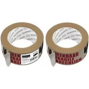 RAADHUIS ECO Fragile Warning Tape, 50 mm x 50 m, Paper, Natural Rubber Adhesive, Hand-tearable, Red on White, 1 Roll (RD-351303)
