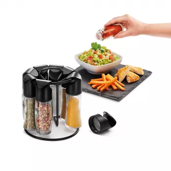 Metaltex Spice 8 Rotating Spice Rack, Round, Black, with 8 Empty Glass Jars 252876080
