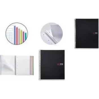 MIQUELRIUS College Block Notebook THE ORIGINAL, DIN A5, Squared, Black, 150 Sheets, 70 gsm, Twin-Wire Spiral, Micro-Perforated, 4-Hole Punched MR2827