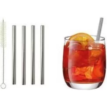 Metaltex Stainless Steel Drinking Straws, Straight, 125 mm, Silver, 4-Piece Set with Cleaning Brush 253182000