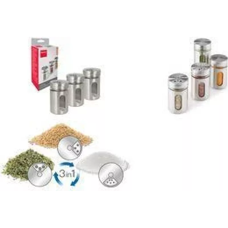 Metaltex Shake Line Spice Shaker Set, 3 Pieces, Glass with Stainless Steel and Plastic Rotary Lids, 100 ml Each 259851000