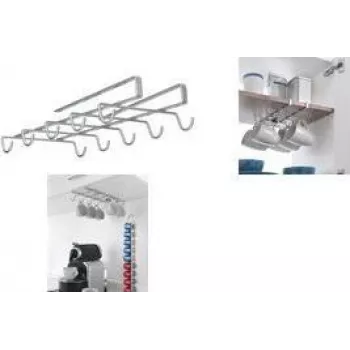 Metaltex My-Mug Under-Shelf Cup Holder, Silver Metallic, 6 Mugs, Rust-Resistant Coated Metal, No Drilling 364928039