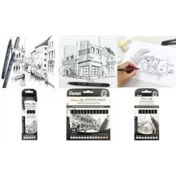 PentelArts Permanent Fineliner Pointliner 8-Piece Set, Black, 0.03 mm to 0.8 mm + Brush YS20P-8