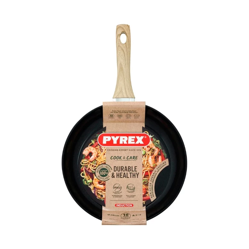 PYREX Panna Cook&Care Ø28cm Frying Pan, Aluminium, Titanium 2X Non-Stick, Thermo-Signal, Induction, Black