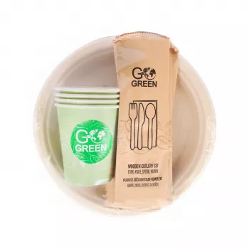 GOGREEN Compostable Picnic Dish Set for 4 Persons, 24 Pieces, Plant-Based, Natural White