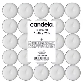 CANDELA Tea Candles 75 pcs – White Unscented Paraffin Tea Lights in Aluminum Cups, 3.5-4h Burn Time