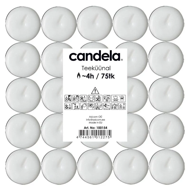 CANDELA Tea Candles 75 pcs – White Unscented Paraffin Tea Lights in Aluminum Cups, 3.5-4h Burn Time