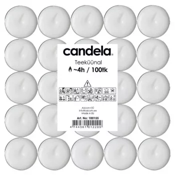 CANDELA Tea Candles 100 pcs, White, Unscented, 4h Burn Time