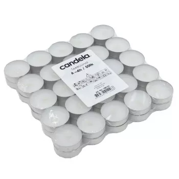 CANDELA Tea Candles 50 pcs, White, Unscented, 4h Burn Time, Aluminium Cups