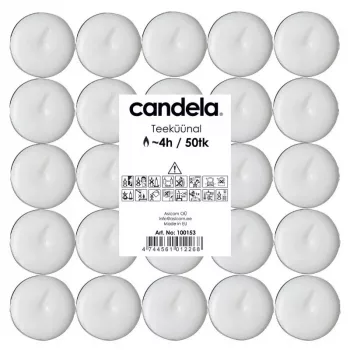 CANDELA Tea Candles 50 pcs, White, Unscented, 4h Burn Time, Aluminium Cups
