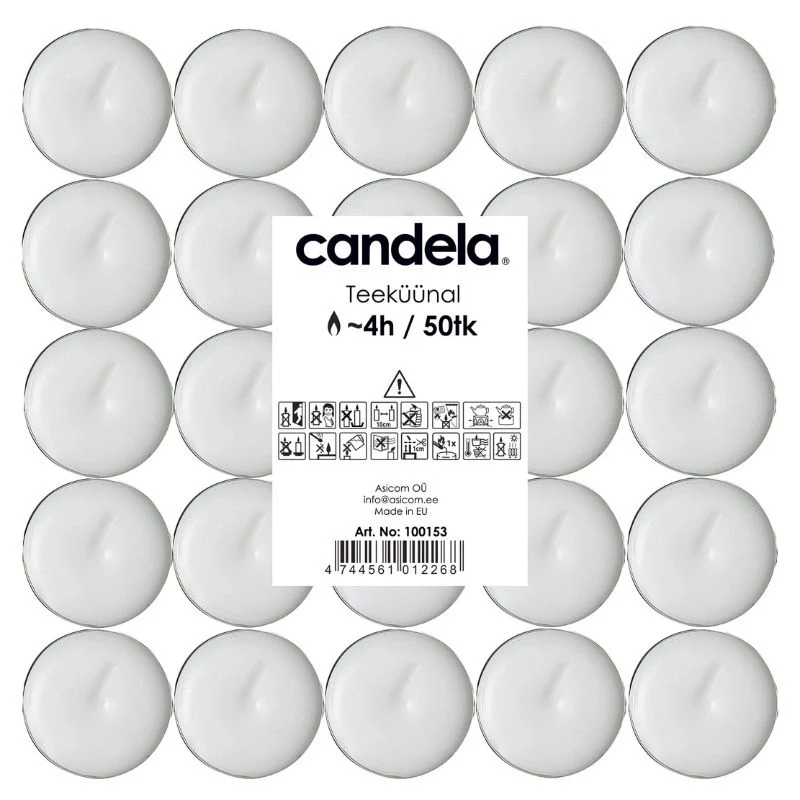 CANDELA Tea Candles 50 pcs, White, Unscented, 4h Burn Time, Aluminium Cups