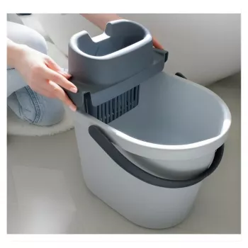 ECO EGO Oval Bucket with Flat Push Button Wringer, 10 L, Grey/Green, Polypropylene