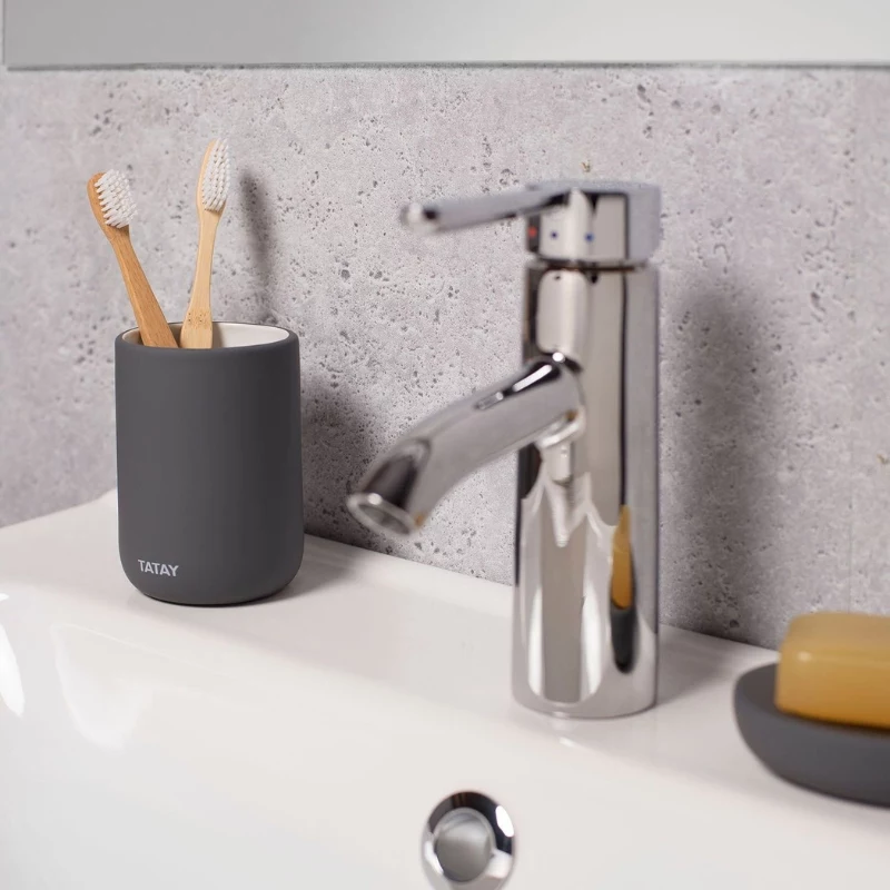 TATAY Tube Toothbrush Holder, Ceramic, Anthracite Grey, 4-Brush Capacity