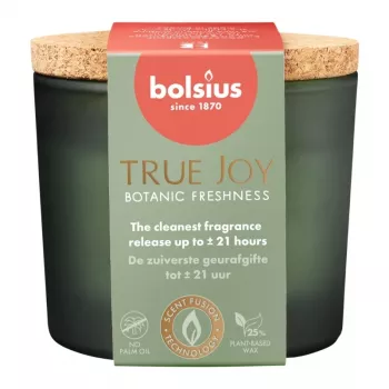 BOLSIUS True Joy Scented Candle in Glass Jar with Cork Lid, Botanic Freshness, Ø66 x 83 mm