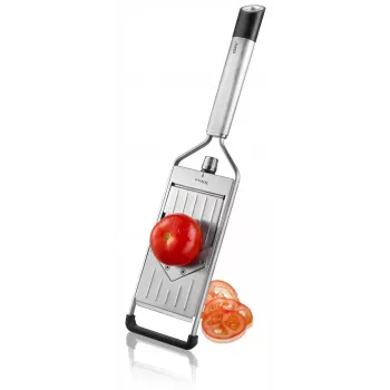 GEFU PRIMELINE Vegetable Slicer, Manual Mandoline, V-Shaped Japanese Steel Blade, 3 Thickness Settings, 2 Julienne Inserts, Silver/Black