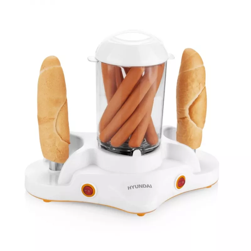 Hyundai HY-HDM120 Hot Dog Maker, 350 W, White/Silver, 6 Sausages, 2 Bun Spikes