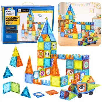 LEAN TOYS Magnetic Educational Blocks Windows With 3D Vehicle Stickers 138 pcs.