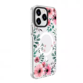 Evelatus Apple iPhone 15 Pro Max PC+TPU Case with MagSafe - Transparent Flower Print