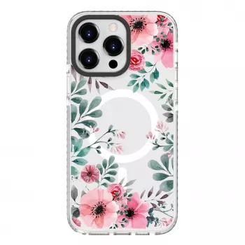 Evelatus Apple iPhone 15 Pro Max PC+TPU Case with MagSafe - Transparent Flower Print