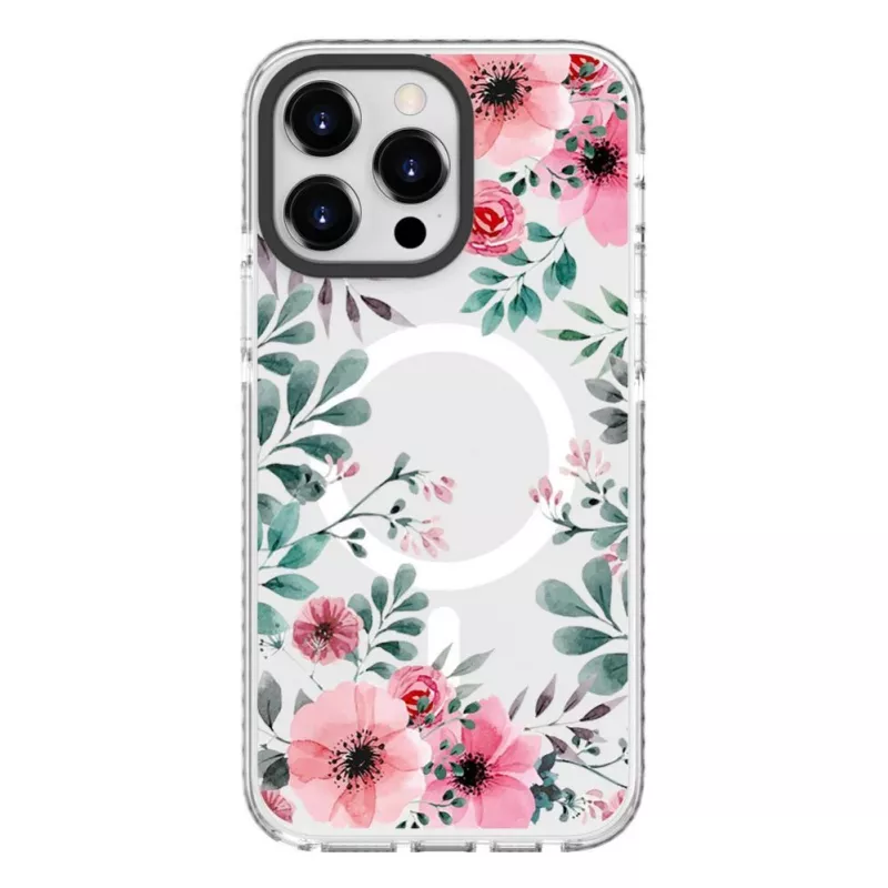 Evelatus Apple iPhone 15 Pro Max PC+TPU Case with MagSafe - Transparent Flower Print