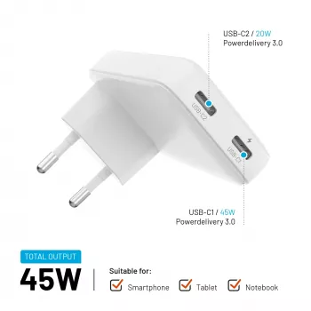 Fixed Slim 2xUSB-C Travel Charger 65W GaN PD White