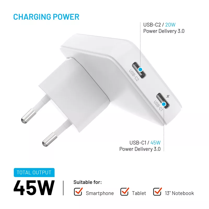Fixed Slim Traveller 2xUSB-C Travel Charger with World Adapters, GaN, 45W - White