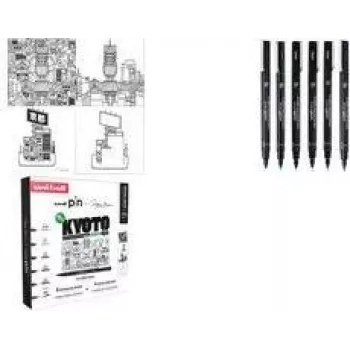 uni-ball PIN Kyoto Fineliner Pen Set, 6 Pigment Ink Pens (Black, 0.1–Brush), Water-resistant CF PIN/6 003