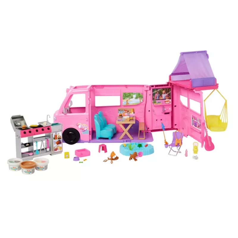 Barbie Dreamhouse Adventures Doll Camper Playset, Transforms to 7-Area RV, 60+ Accessories, Pink