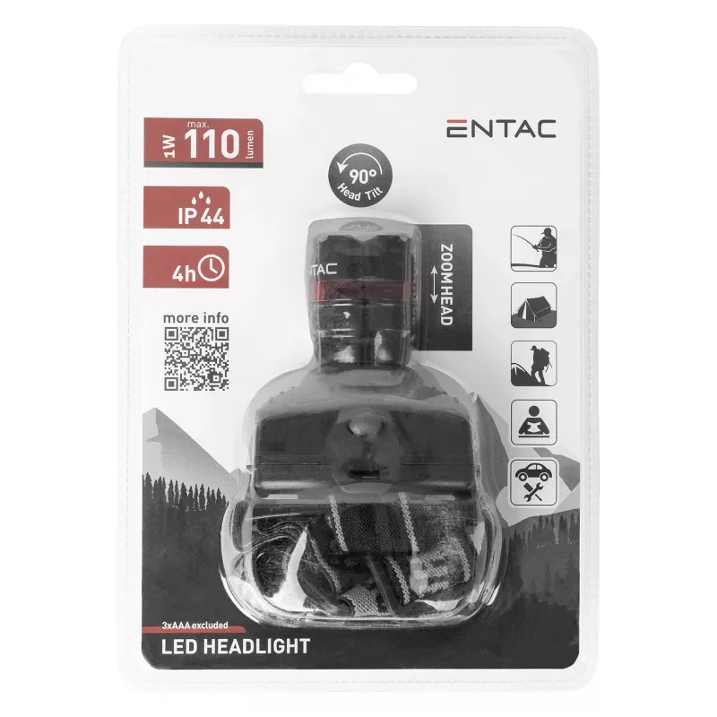 ENTAC EHL-ZOOM-1W-PL Zoom 1W LED Headlamp, Black