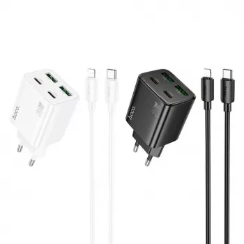 HOCO 30W 4-Port USB Wall Charger with USB-C to Lightning Cable - White