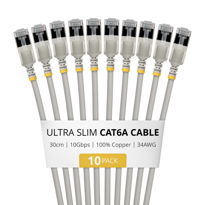 StarTech.com Slim Cat6a U/FTP Patch Cable RJ45, 0.3 m, Grey, 10-Pack