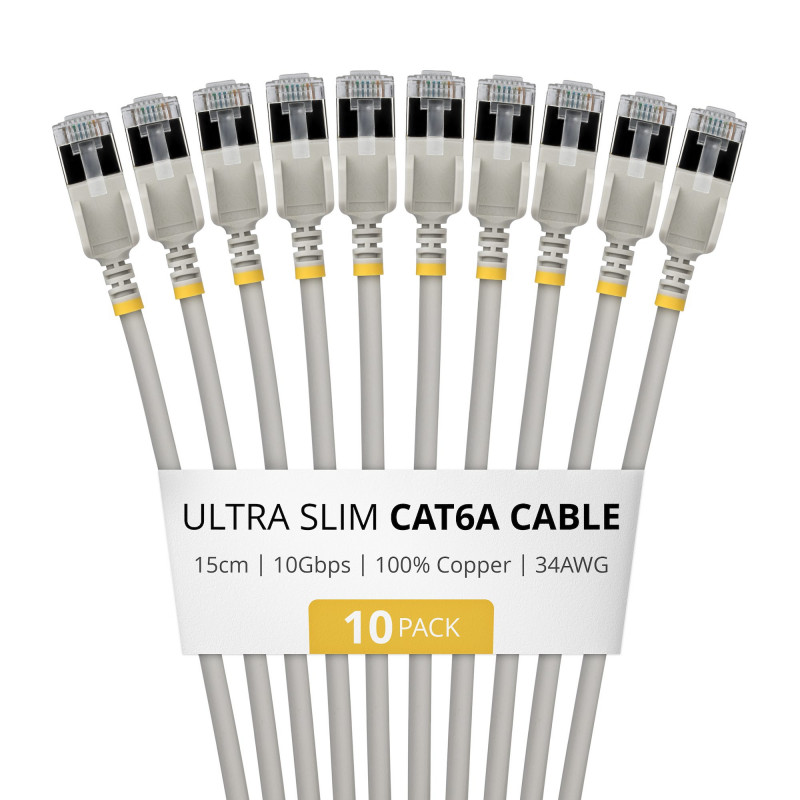 StarTech.com Slim Cat6a U/FTP Patch Cable RJ45, 0.15 m, Grey, 10-Pack