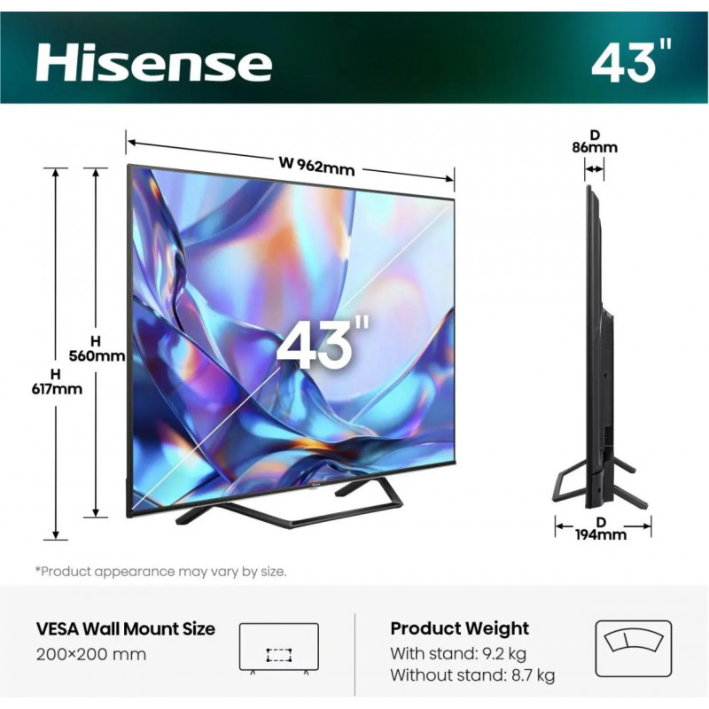 Hisense 43A7S 43 inch QLED 4K VidaaOS 60Hz Dolby Vision IQ 2026 Television