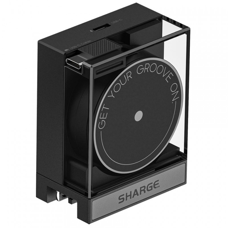 SHARGE Retractable 65 GaN Charger, 65 W, 2x USB-C, Integrated USB-C Cable, Black