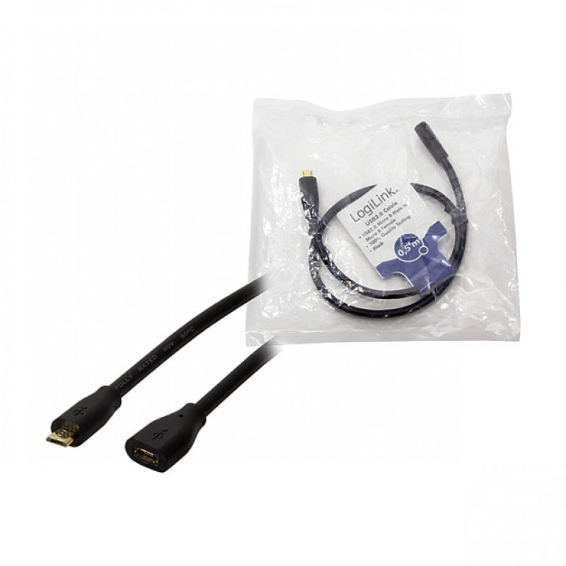 LogiLink CU0120 USB 2.0 Extension Cable, Micro-USB B Male to Micro-USB B Female, 0.5 m, Black