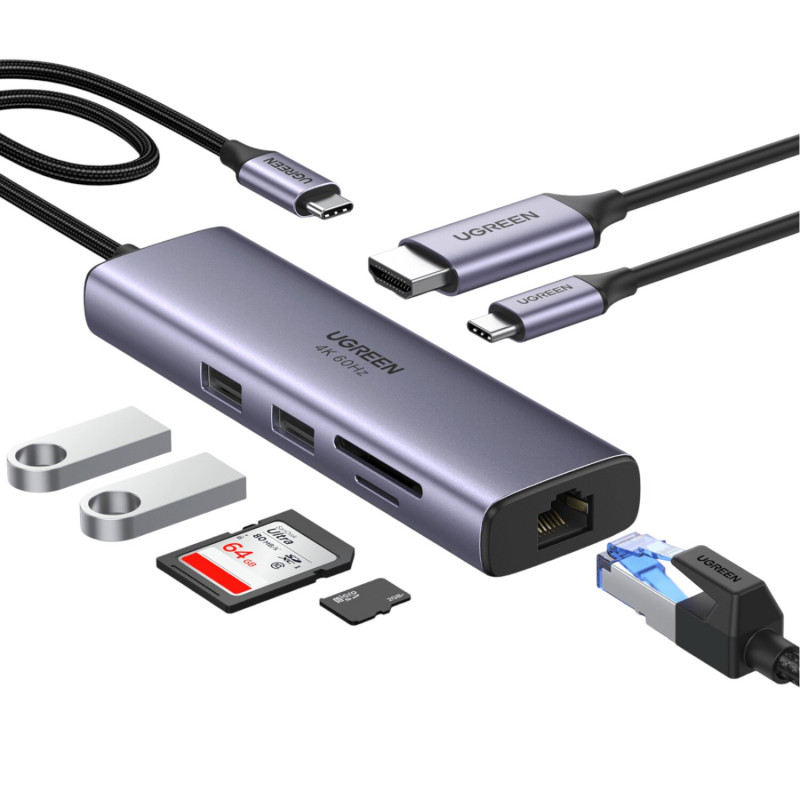UGREEN 60515 7-in-1 USB-C Multiport Adapter, 4K HDMI, Gigabit Ethernet, 100 W PD, Grey