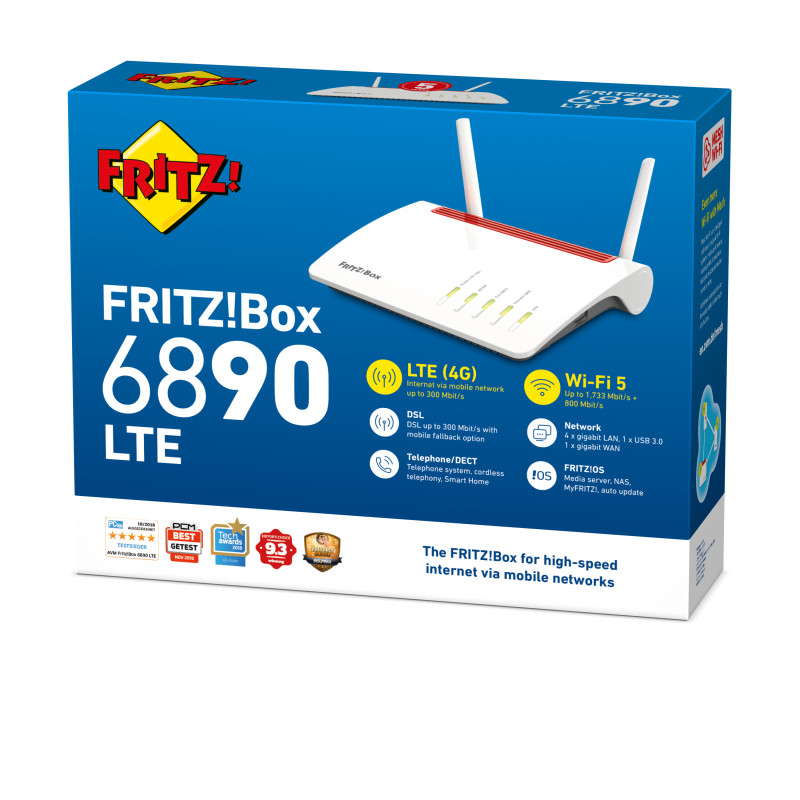AVM FRITZ!Box 6890 LTE Wireless Router, DSL/WWAN, 4-Port GigE Switch, 802.11a/b/g/n/ac Dual-Band, VoIP Telephone Adapter (DECT)