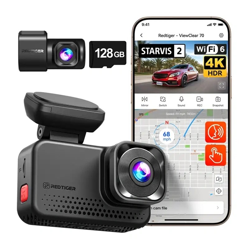 REDTIGER VC70 Wi-Fi 4K + 2.5K Dash Cam with 128GB Card