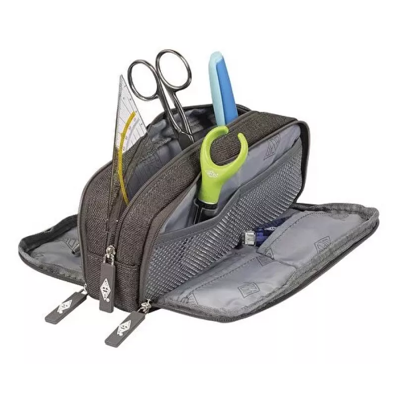 WEDO College Pencil Pouch, Polyester, Grey, Spacious Inner Compartment, 3 Zip Compartments, for 7 Pens