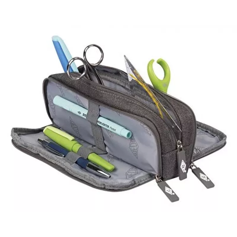 WEDO College Pencil Pouch, Polyester, Grey, Spacious Inner Compartment, 3 Zip Compartments, for 7 Pens