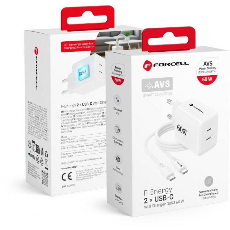 Forcell F-Energy GaN III Crystal Color VT-60 60W PD QC 4.0 2x USB-C wall charger white + cable