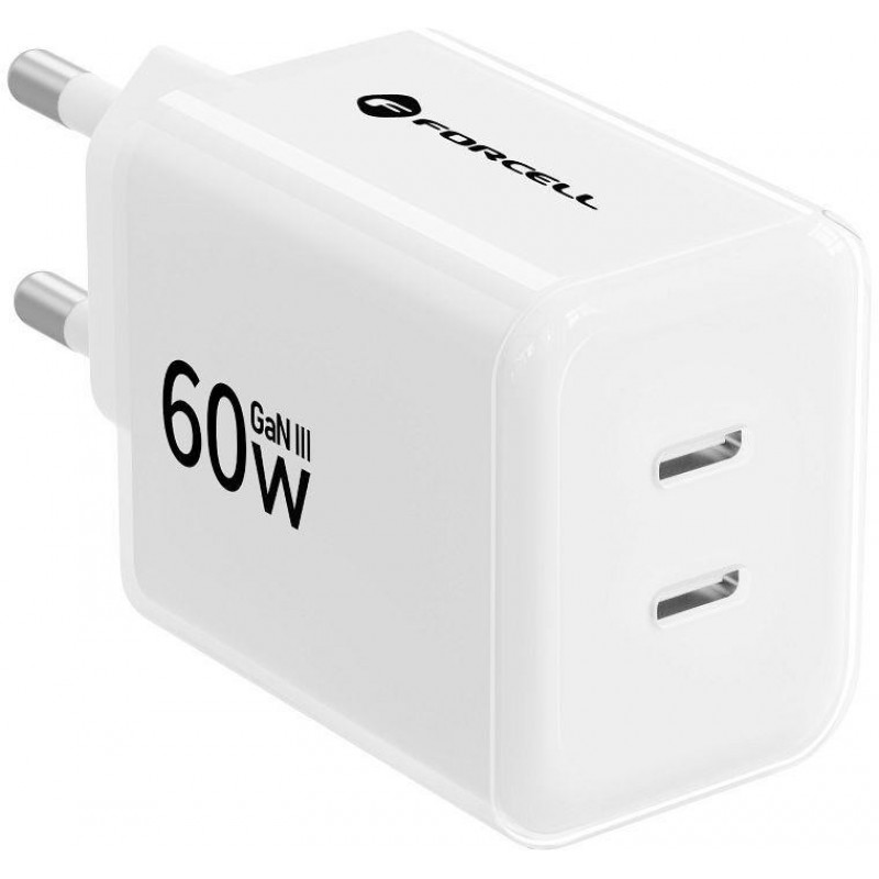 Forcell F-Energy GaN III Crystal Color VT-60 60W PD QC 4.0 2x USB-C wall charger white + cable