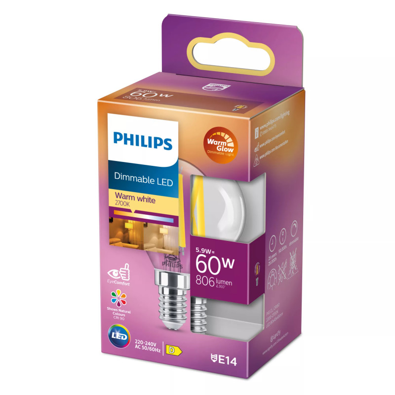 Philips LED Classic WarmGlow Bulb 60W E14, Drop Shape, Clear, Dimmable
