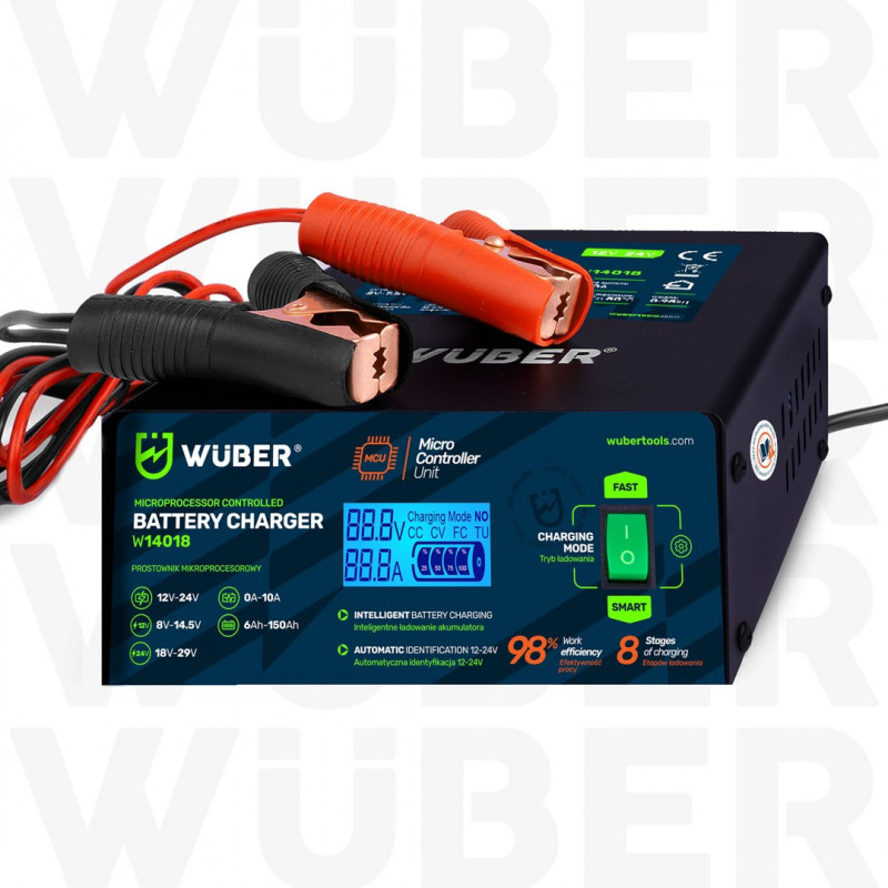 Wuber W14018 Microprocessor Car Battery Charger, 10 A, 6-150 Ah, 2-24 V