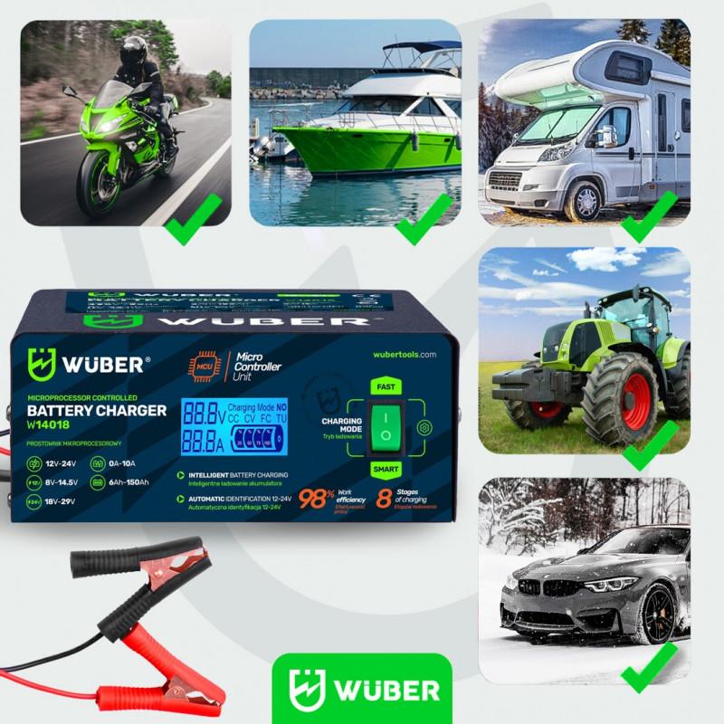 Wuber W14018 Microprocessor Car Battery Charger, 10 A, 6-150 Ah, 2-24 V