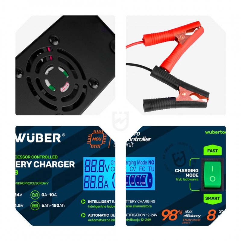 Wuber W14018 Microprocessor Car Battery Charger, 10 A, 6-150 Ah, 2-24 V