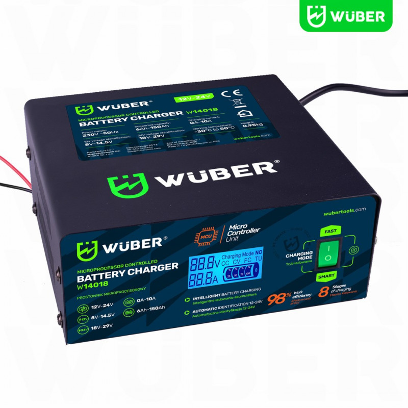 Wuber W14018 Microprocessor Car Battery Charger, 10 A, 6-150 Ah, 2-24 V