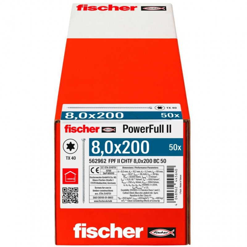 Fischer Wood construction screw PowerFull II 8.0x200 ZK TX VG (50 pieces, full thread, galvanized)