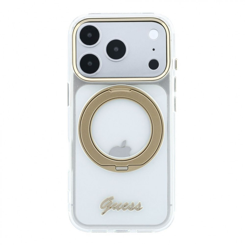 Guess HC MagSafe IML Ring Stand 360 Script Metal Logo Case for Apple iPhone 18 Pro, Transparent